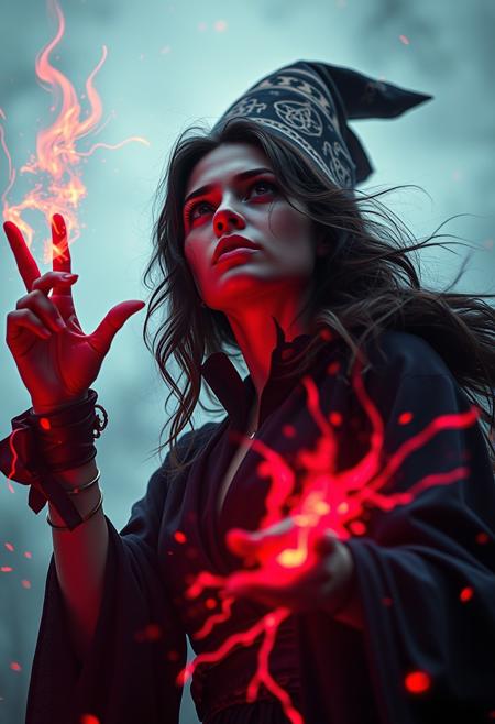 A cinematic full body shot of a female, nice witch, powerful spells and eldritch symbol patterns and sparks and flames emerging from her hand, layered red and purple lines. Looking at viewer. She is flying in the air and looking up at the sky, enjoying her power. Use subtle red starburst and bokeh elements, with enhanced volumetric lighting to create a vibrant, high-contrast scene. Ensure the image maintains a surreal, emotionally impactful atmosphere in 8k resolution with intricate skin texturing. Angry. Ultrarealistic. absurdres.