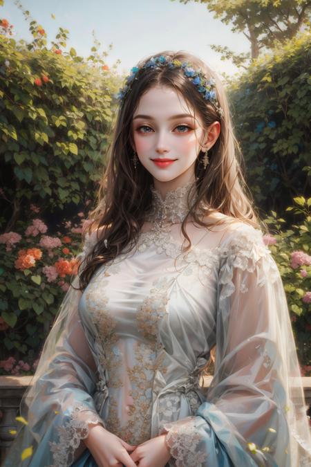 (absurdres, highres, ultra detailed), 1girl, solo, mature, Baroque, long dress, long sleeve, elegant, colorful, highest detailed, upper body, outdoors, garden, light smile, (closed mouth)