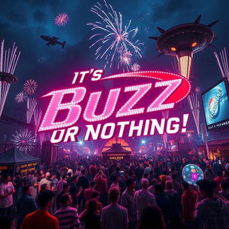 Hyper realistic style, ‘It's Buzz Or Nothing!’. On a gigantic outdoor using the same logo as NERF. (Focus on text), extremely detailed environment with lights, firecrackers, alien ships, military base, lgbt community im a crowded place bigger than superball.