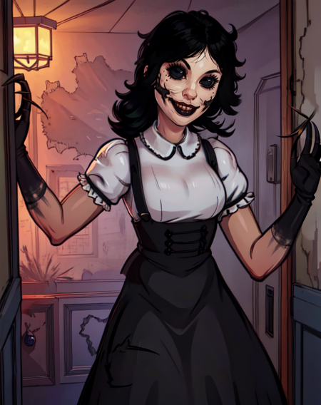 agatha,black hair,black eyes,smile,
puffy sleeves,black dress,white shirt,black gloves,claws,
abandoned school,night,dark corners,
(insanely detailed, beautiful detailed face, masterpiece, beautiful detailed eyes, best quality),<lora:agatha-10:0.8>,