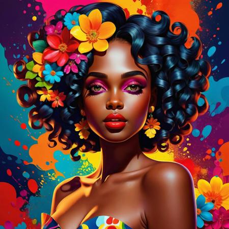 Create a vibrant and high-resolution digital illustration of a young woman with dark skin and curly, voluminous hair adorned with colorful flowers. She is wearing a strapless top with a colorful paint-splattered pattern. The background is an abstract mix of bright, bold colors, adding to the lively and energetic feel of the artwork. The woman's expression is confident and slightly playful, with glossy, highlighted skin and bold makeup. The overall style should be dynamic and modern, with a focus on vivid colors and detailed textures.