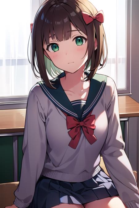 harukaamami, <lora:harukaamamitest:1>,
haruka amami, brown hair, (green eyes:1.5), short hair, (hair bow:1.5), hair ribbon, bangs, blunt bangs, (small breast:1.2),
BREAK bag, bow, school uniform, serafuku, skirt, sweater, long sleeves, red bow, blue skirt, grey sweater,
BREAK looking at viewer,
BREAK indoors, classroom,
BREAK <lora:GoodHands-vanilla:1>, (masterpiece:1.2), best quality, high resolution, unity 8k wallpaper, (illustration:0.8), (beautiful detailed eyes:1.6), extremely detailed face, perfect lighting, extremely detailed CG, (perfect hands, perfect anatomy),