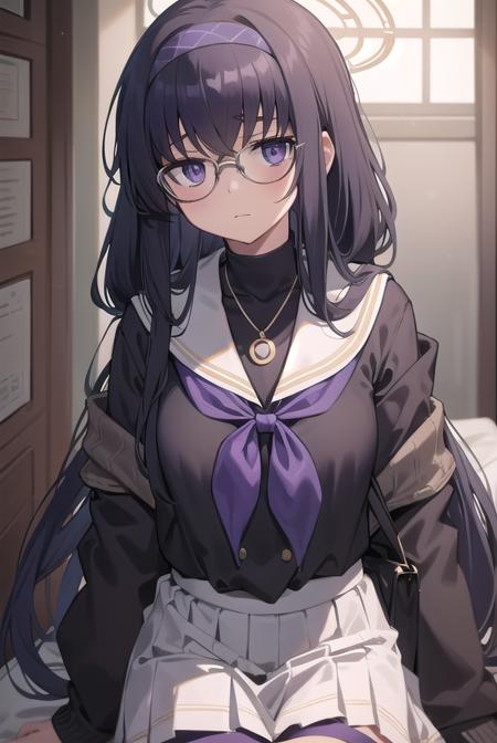 uikozeki, <lora:uikozeki-lora-nochekaiser:1>,
ui kozeki, bags under eyes, black hair, (purple eyes:1.5), glasses, halo, long hair, red-framed eyewear,
BREAK black pantyhose, black undershirt, blue hairband, blue neckerchief, brown cardigan, brown sweater, cardigan, hairband, long sleeves, messy hair, neckerchief, pantyhose, sailor collar, school uniform, serafuku, sweater, white sailor collar, white serafuku, skirt, long skirt,
BREAK looking at viewer,
BREAK indoors, classroom,
BREAK <lyco:GoodHands-beta2:1>, (masterpiece:1.2), best quality, high resolution, unity 8k wallpaper, (illustration:0.8), (beautiful detailed eyes:1.6), extremely detailed face, perfect lighting, extremely detailed CG, (perfect hands, perfect anatomy),