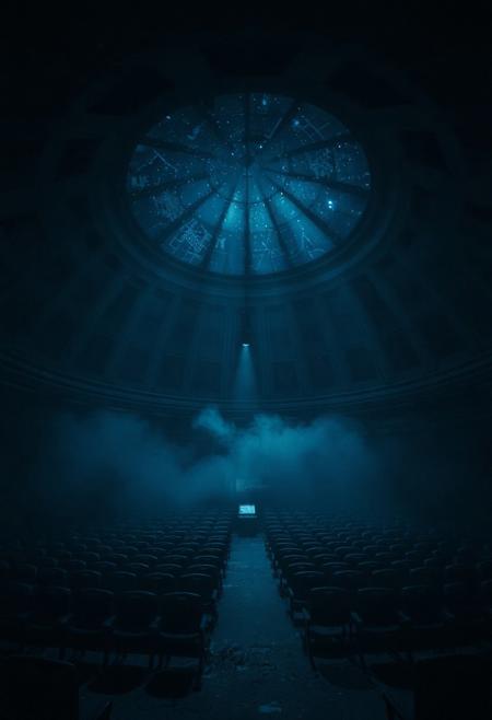 Inside a dusty, forgotten planetarium — bathed in dark blue light from an old projector. Star maps flicker across domed ceilings through the mist. Rows of empty seats dissolve into shadow. A slow circular dolly reveals faded constellations dancing across fog. Surreal and still. Film grain, dream logic, One Heart composition