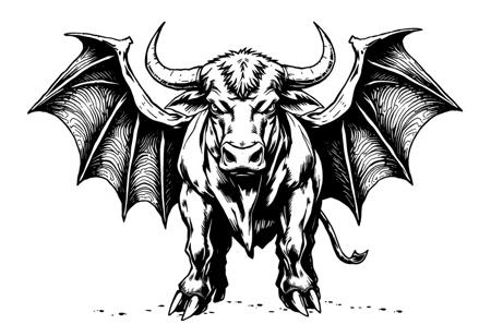 fantasy, ink art, comic style art, bull is standing with four feet, feet has claws, bat wings