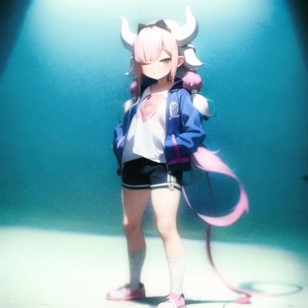 1girl, kamui, blue jacket, white shirt, black shorts, pink slippers, hands in pockets, winking, white horns, pink tail, cave background,  godrays, masterpiece, best quality, <lora:kamui-01:1>