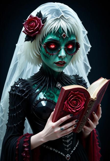 1girl, magical, mysterius, semi_realistic, rp_slgd, detailed face, emo makeup, emo short hairs, veil, black wedding dress made out of  malachite crystal, , glasses made out of ruby shards,  vampire fangs, , flower accesory made out of geoda 
biolumen,hair accesory, single rose flower, ruby crystal rose, the  sharp edges of the petals glow eerily white, holding book made out of  scrimshaw,  black glass  background, dim light, intricate details, horror theme, cementary, detailed background, black_theme, matte_color, flat color, reij-blckprlglss, aidmaImageUpgrader