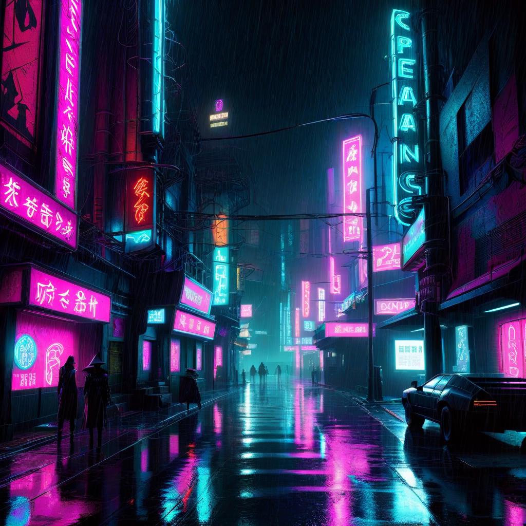 Neon noir, , shimmering, , gothic, rpg,, ultra detailed, , immersive, reminiscent of high fantasy RPG games, , , , , super realistic, , , , , breathtaking, , , , , 
<lora:CharcoalDarkStyleXL:1> <lora:Dark Fantasy:1> <lora:detailed_notrigger:1>, Cyberpunk, dark, rainy streets, neon signs, high contrast, low light, vibrant, highly detailed