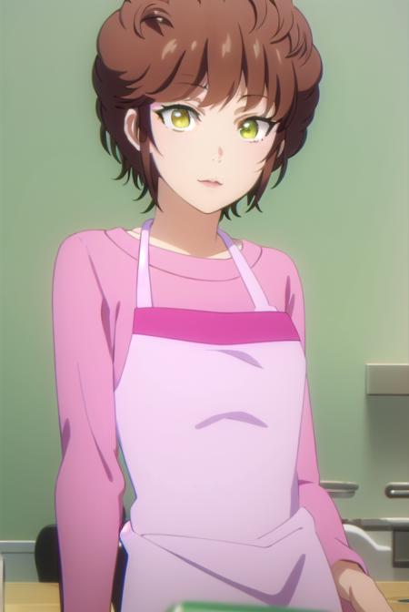 keikikisaragi, <lora:keiki kisaragi s1-lora-nochekaiser:1>,
keiki kisaragi, short hair, brown hair, (green eyes:1.3), smile,
BREAK shirt, apron, pink shirt,
BREAK indoors, kitchen,
BREAK looking at viewer, (cowboy shot:1.5),
BREAK <lyco:GoodHands-beta2:1>, (masterpiece:1.2), best quality, high resolution, unity 8k wallpaper, (illustration:0.8), (beautiful detailed eyes:1.6), extremely detailed face, perfect lighting, extremely detailed CG, (perfect hands, perfect anatomy),