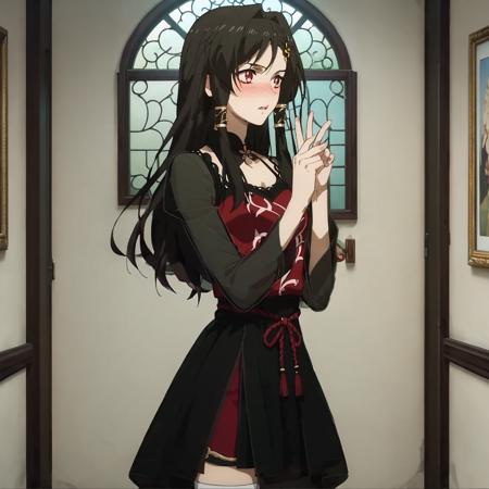 Aiyou, black hair, red eyes mismatched thighighs, dress, tranlucent black long sleeves, black short skirt, white thighigh, black thighigh,