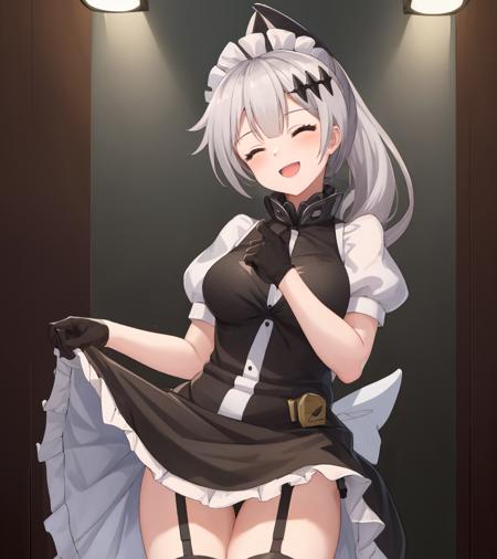 1girl, Fiveseven, office, (agentsfnormal:1.2), cowboy shot, maid, skirt lift, smile, eyes closed, white hair, horns, black dress, white shirt, ponytail, puffy short sleeves, 
<lora:FiveSeven:1> <lora:AgentSFNormal_Costume:1>