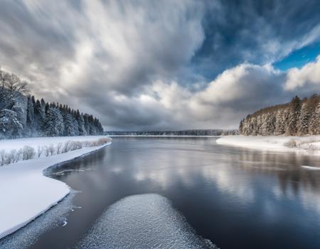 photograph of  skyscape with clouds  at  day  in  river  in  snowing , grand composition, masterpiece, 8k, highly detailed, nikon, dslr, hdr, 100-400mm lens, composition, best composition, classic, (blurry:1.2)
