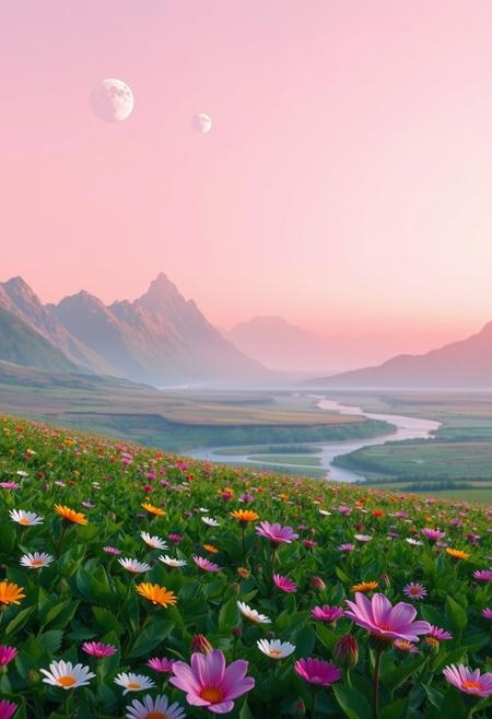 a fantasy world with a vast field where flowers are vibrant with green foliage, sky is light pink, three moons in the sky. Color scheme includes pink, blue and violet. Mountains in the background. A river flowing by. Hyperrealistic.