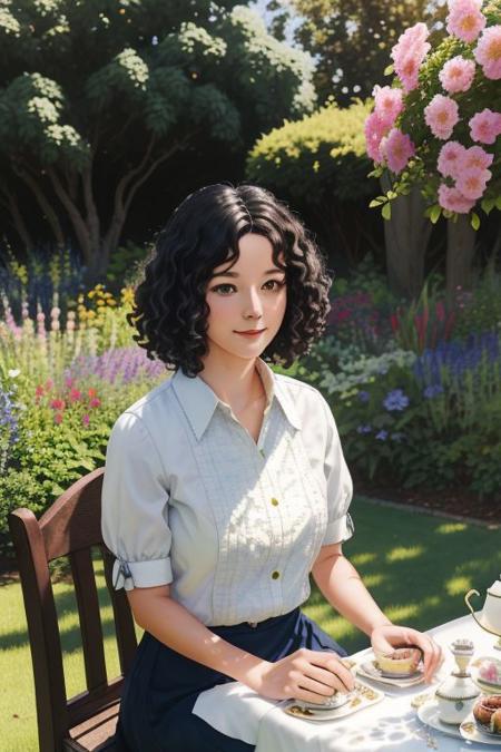 ligne claire style drawing, a Lady with big black curly hair at a tea party in green garden,  a dog sits beside her, beautiful flower garden,Bright sunlight, sun glare, soft colours of green and blue, using water colours, wet colours, 
(4k quality, masterpiece), best quality,
