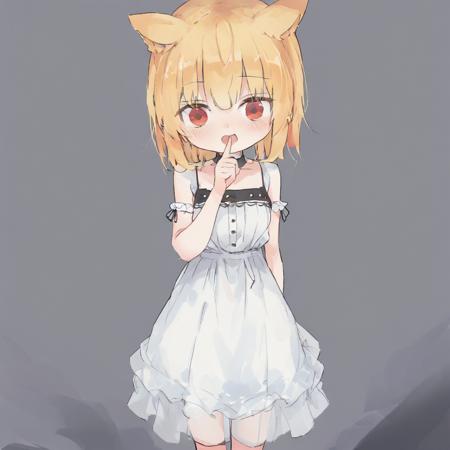 Noel Cornehl,1girl, yellow hair, white dress, red eyes, standing, hand_to_mouth,  <lora:Noel_Cornehl_XL_v1_AutoRunMech:0.87>