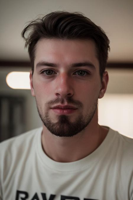 RAW photo, a realistic photograph of man, looking at camera, 8k uhd, dslr, soft lighting, high quality, film grain, Fujifilm XT3, full face, patrickleblanc  person, full face, topless, portrait face, <lora:patrickleblanc_34200:1>, shirt lift,