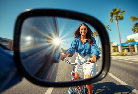 photograph of A smiling beautiful woman dressed in a blue oversized shirt and a white pleated skirt, riding a bicycle, looking at her own reflection in car wing mirror, close up, wide angle, The scene is set on a sunny day with clear blue skies, showcasing an urban street environment with cars and palm trees in the background. The image exhibits a light flare and is partially framed through a circular object, adding a unique visual effect to the composition. The overall mood is carefree and joyful, capturing a casual and stylish moment.