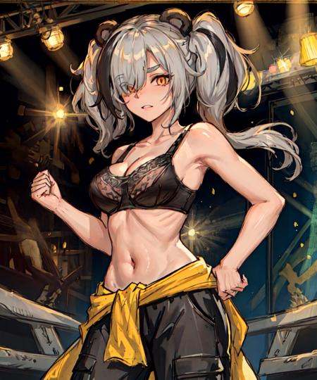 masterpiece, best quality, <lora:FeaterNaiV1:0.7>, 1girl, solo, feater \(arknights\), panda ears, eyebrows, orange eyes, grey hair, hair over one eye, long hair, multicolored hair, black streaked hair, twintails, large breasts, official alternate costume, black sport bra, cleavage, stomach, navel, jacket around waist, clothes around waist, yellow jacket, ((bare arms)), ((bare shoulders)), black pants, film, stage, fighting, v-shaped, looking at viewer, fist, clenched hands