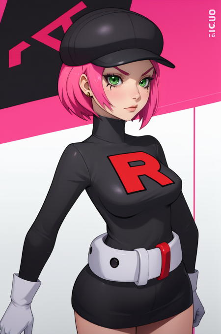 rcketgrunt,short hair,pink hair,green eyes,
black team rocket uniform,hat,belt,white gloves,black turtle neck,long sleeves,
solo,upper body,standing,serious,black miniskirt,red R,
secret base,
(insanely detailed, beautiful detailed face, masterpiece, best quality),<lora:RocketGrunt-10:0.8>,