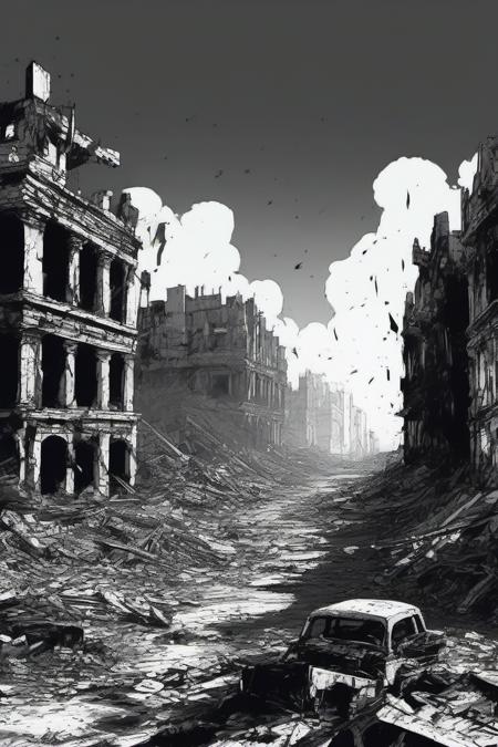 <lora:PE_HighContrastStyleV1:0.8> PEHighContrast,Simple Background, high Contrast, Illustration,Black and White,
dystopian world,ruins of a city,fire burning,abandoned,collapse of civilization