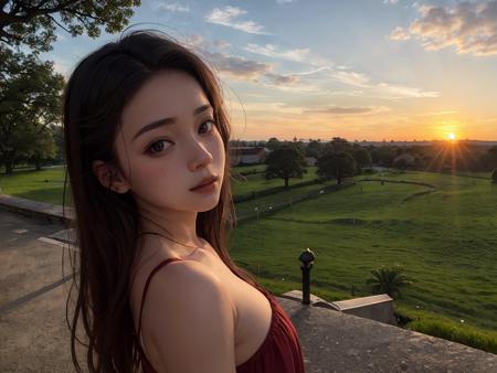 (best quality, masterpiece:1.2),ultra detailed,(photo realistic:1.4),20yo,solo,cute girl,sunset_scenery_background, <lora:SunsetScenery_v1:0.6>,