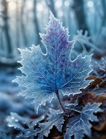 In a macro photography style, depict a frost-covered leaf in an ancient, time-frozen forest. The leaf, encased in a delicate layer of ice crystals, reflects a spectrum of soft blues and purples, creating a serene, otherworldly glow. Each crystal is a miniature masterpiece, with sharp edges and intricate patterns that capture the light in mesmerizing ways. The background, a blur of ancient, gnarled trees, adds a sense of depth and timelessness to the scene. This piece is a hyper-detailed, close-up view of a frozen moment, rendered in ultra-high resolution with techniques such as focus stacking and depth of field manipulation to emphasize the delicate beauty of the ice-covered leaf.