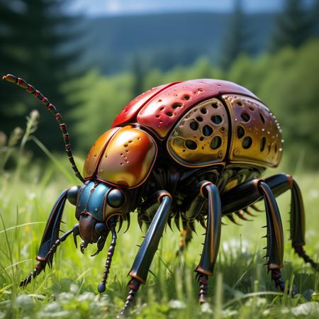 highly detailed candid photo of giant beetle:1.3,

 red beetle:0.4, field, realistic:1.3

masterpiece, best quality:1.1, 

ultra photoreal, photorealistic:1.0, sharp focus:1.1, 
depth of field:1.1, 

50mm, style of Nathan Wirth, Hasselblad X1D II, Porta 160,
