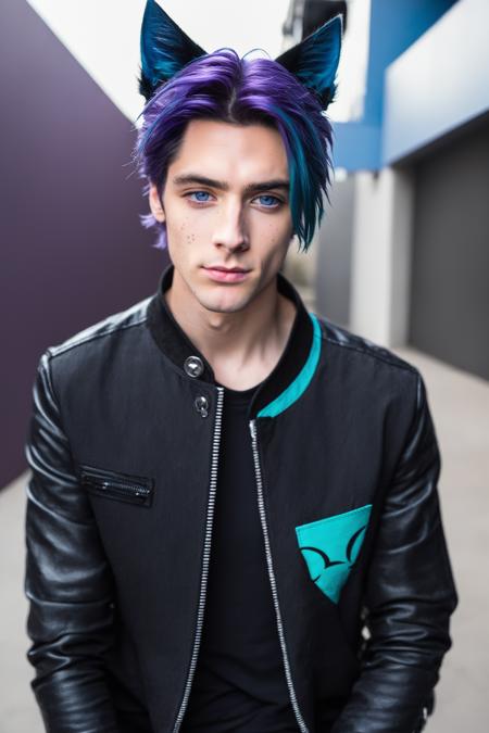 Maverick Ellis Rowe,  1boy,  male focus,  solo,  looking at viewer,  short hair,  blue eyes,  black hair,  animal ears,  jacket,  purple hair,  parted lips,  cat ears,  lips,  colored sclera,  freckles, <lora:EMS-48054-EMS:0.400000>