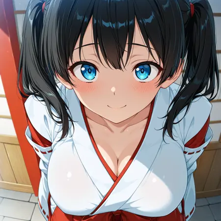 Civitai スピンオフキャラクター ツインテール黒髪巨乳巫女 / Spin-off character: twintail black hair, large breast miko.