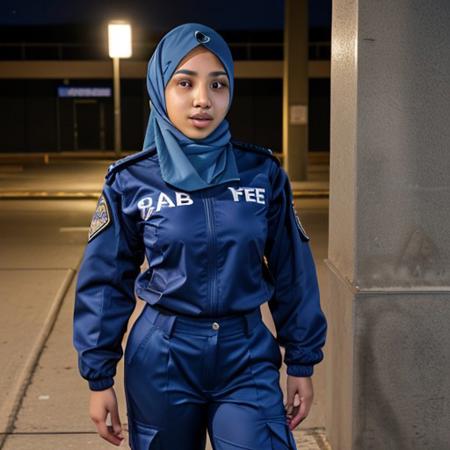 20 year Arab female security guard patrolling an parking garage at night. Pleasant smile. Brown eyes. Blue hijab. Carrying a flashlight. White uniform dress shirt with navy blue tie. Full body shot. Wearing long, navy blue cargo pants. Open blue security uniform jacket. Hair in a ponytail. Size B small breasts. (muslim)