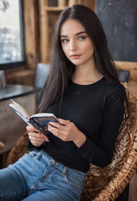 1 girl, 20 yo, very beautiful, russian model, skinny,  soft lips, (light eyebrow:1.4),shiny blue eyes, black long hair, small breasts,  floating hair,  (nose blush), reading a book, sit on the classic chair, in a coffee shop,  ((black shirt and blue jeans))  best quality, expressive eyes, perfect face,