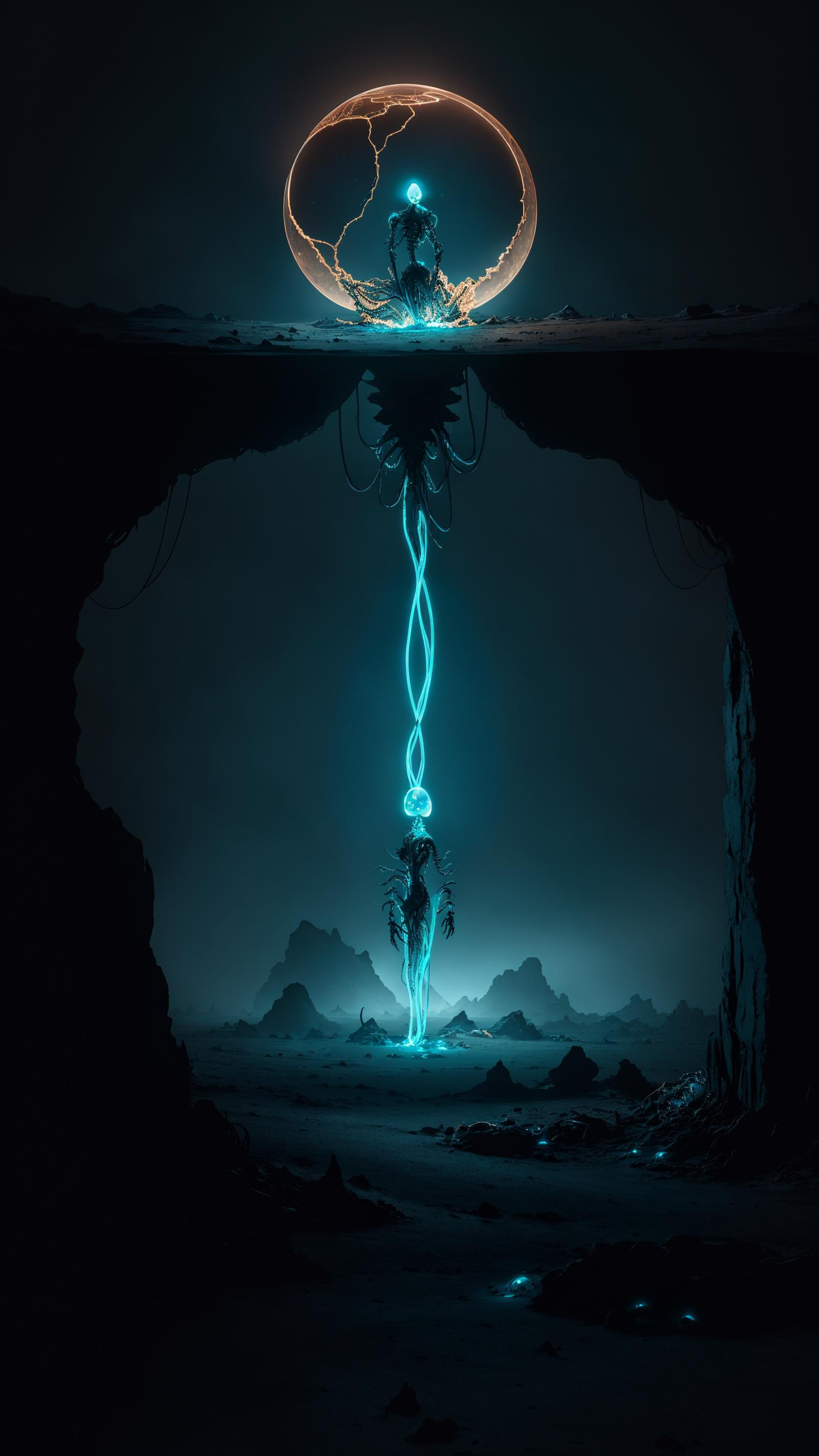 A dark, underground cavern with a blue light and a creature coming out of the ground.
