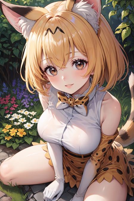 serval, animal ears, short hair, serval print, tail, gloves, shirt, bow, bowtie, elbow gloves, print bow, print bowtie, sleeveless, skirt, white shirt, sleeveless shirt, bare shoulders
