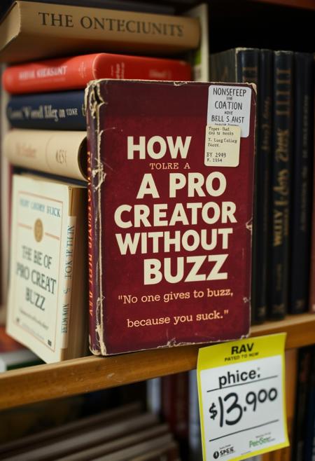 an old book a self-help book with the title in the cover "HOW TO BE A PRO CREATOR WITHOUT BUZZ" and the subtitle "No one gives you buzz, because you suck" with a sticker of low price   in a shelves of an old book store