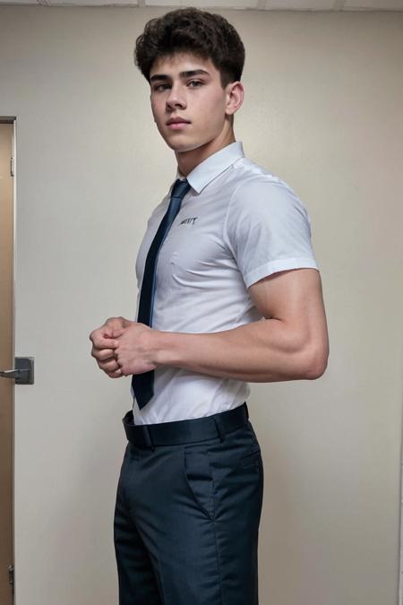 realistic, sfw, an attractive 18 years old fit caucasian boy standing, smug, full body shot, police uniform, <lora:denis_pshenichnyi_lora:0.7>, denis_pshenichnyi,