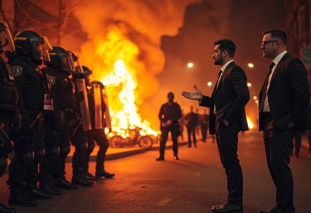 A tense and dramatic night scene captures a confrontation between a handsome athletic young man and a group of police officers during a riot. The man, dressed in a black suit with a white shirt, tie, and glasses, stands on the right side of the image, facing the officers. His left hand is extended outwards in an assertive gesture, while his right hand is in his pocket. He appears to be engaged in an intense discussion with the officers, his expression serious and determined. The police officers, positioned on the left, are wearing full riot gear including black helmets with yellow stripes, protective shields, and tactical equipment such as boots and belts. They stand in a formation, facing the man, with some officers holding batons or other equipment. The lighting is primarily from large fires burning in the background, casting an intense orange glow that illuminates the scene and creates a high-contrast, low-luminance atmosphere. Traditional street lamps line the street, their light fixtures visible as silhouettes against the bright flames. The asphalt road surface is visible in the foreground, reflecting the firelight. The overall composition emphasizes the confrontation, with the silhouettes of both the protesters and the police stark against the bright flames, creating a powerful visual narrative of conflict and tension.