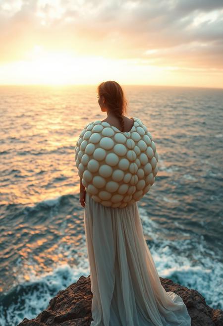 A young woman gazes out from the edge of a cliff, wearing an enormous shell breastplate that seems to have been carved by the sea itself. The shell's surface is reflective, catching the light from a distant sunset. Her gown flows like water around her legs, and the ocean below churns with powerful waves.