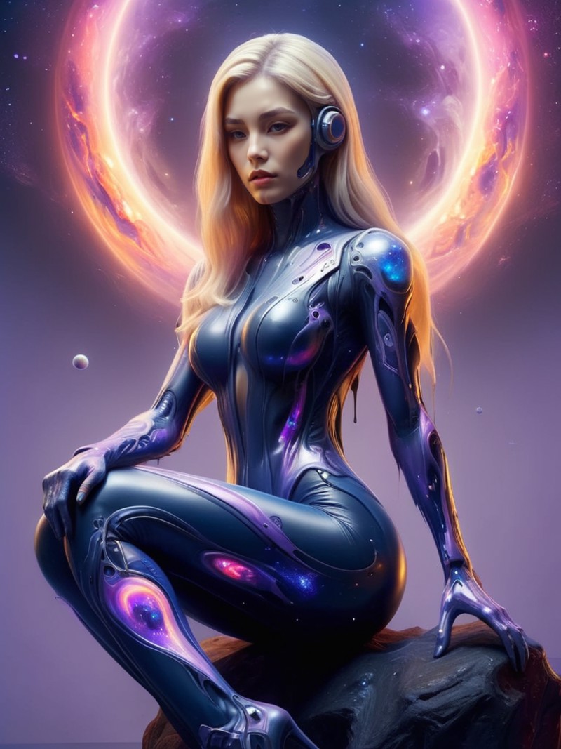 (best quality, masterpiece, realistic, detailed), cyber enhanced female cyborg wearing ((navy blue:1.2) cosmic glam bodysu...