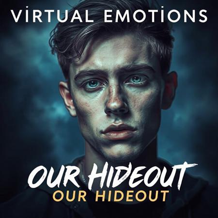 high quality design aesthetics, dramatic, pop, emotive, detailed, pop album cover, young white man, artist name "Virtual Emotions", album title "Our Hideout"