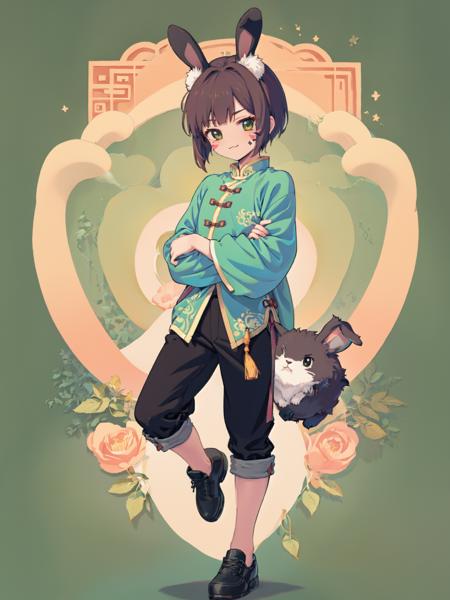 1boy, male focus, animal ears, black hair, long sleeves, standing, rabbit, looking at viewer, short hair, rabbit ears, solo, chinese clothes, bangs, holding, leg up, rabbit boy, smoking pipe, standing on one leg, blush stickers, pants, smile, closed mouth, black footwear, holding smoking pipe, kicking, shoes, shirt, foot out of frame, shoe soles, animal, signature, outstretched leg, black eyes, red ribbon, crossed arms, ribbon, :3, chinese zodiac, cowboy shot, black pants, artist name, dated, tail, gradient, foreshortening, shadow, smoke, dress, brown hair, facial mark, flats, tassel, sideways glance, collared shirt, gradient background, bowl cut, green background, androgynous, shorts, blunt bangs, very short hair, split, standing split, rabbit tail, fake animal ears, foot up, grey pants, feet out of frame, kiseru, full body, new year, green eyes