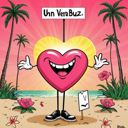 This is a digital drawing in a retro, pop art style featuring a red heart with cartoon eyes and a frowning mouth. The heart stands on a sandy beach with green palm trees and pink flowers, holding a white sign with the words "Un Verano Sin BUZZ". In the background, a pink sunset sky is illuminated with a yellow sun and dolphins leaping. The heart wears black shoes and white gloves, giving it a whimsical, anthropomorphic appearance. The overall scene is vibrant and playful.