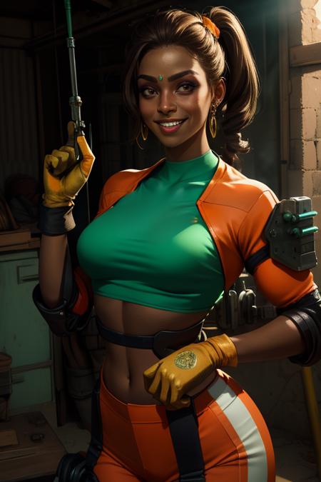 Rampart,dark skin,forehead jewel ,nose piercing,side ponytail ,brown hair, solo, standing, smiling, upper body, 
RampJS,jewelry,orange jumpsuit with white srtipes,knee pads , right glove, green crop top, 
tool shop, morning, grease, oil marks, (insanely detailed, beautiful detailed face, masterpiece, best quality) 
 <lora:Rampart-10v3:0.7> realistic,