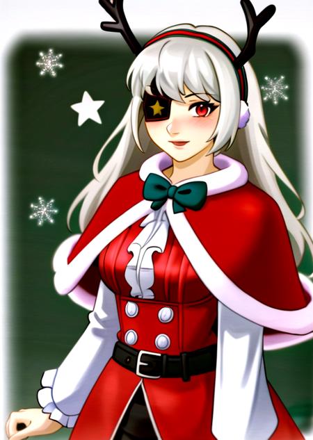 1girl, solo, christmas, long hair, eyepatch, fur trim, red eyes, santa costume, antlers, capelet, bow, hairband, looking at viewer, white hair, simple background, red capelet, pantyhose, belt, grey hair, smile, black pantyhose, fur-trimmed capelet, fake antlers, christmas_background, dress, long sleeves, bangs, skirt, blush, bowtie, closed mouth, upper body, star (symbol), open mouth, frills, reindeer antlers, breasts, standing,  cape, red dress, medium breasts,  red skirt, long_hair,upper_body,,<lora:reinaFortnite-09:0.5>  <lora:kairunoborugu_v1:0.9> <lora:Kairunoburogu:0.2>