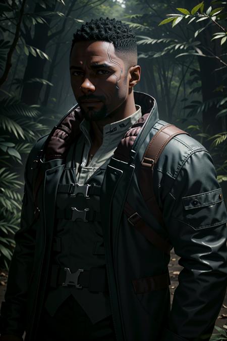 (masterpiece:1.2), (best quality:1.2), (high resolution:1.2)
<lora:epi_noiseoffset2:1>, 
 <lora:CyberReed:0.8>
CyberReed, 1boy, dark-skinned male, buzz cut, In a serene, tranquil forest, wearing outdoor gear and enjoying a peaceful nature hike