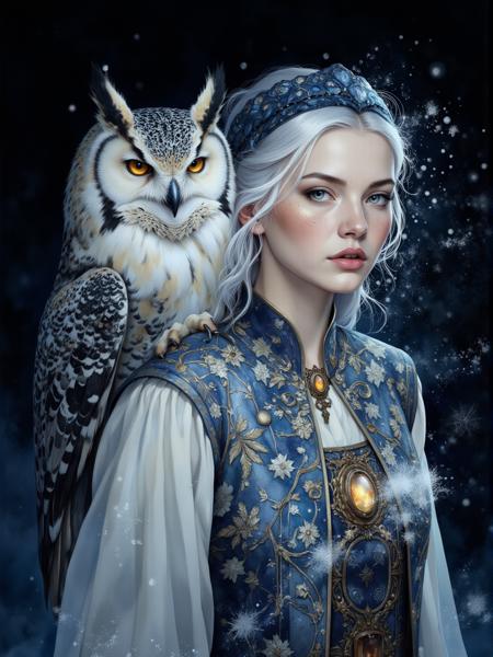 A fierce young woman with cold white hair and blue eyes stands beside a majestic owl. Her freckled skin glows in the cold light of the frost that dance around them. She wears an ornate white and bllue embroidered vest adorned with intricate snow patterns, a matching pendant with an amber gemstone resting at her throat. Her expression is intense, determined, and regal. The owl, its feathers a radiant blend of white snow and blue, presses close to her, its sharp beak and piercing eyes exuding power and wisdom. snowflakes float in the air, casting an ethereal glow against the dark background, as if the world itself bends to their presence.
