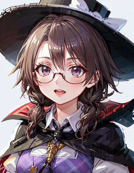 best quality, ultra high res, 1girl, jk, <lora:sumireko:1>, usami sumireko, (fedora), plaid vest, low twintails, black hair, short har, (red-rimmed glasses), cape, upper body, portrait, looking at viewer, (facing front:1.3), close-up, front face,