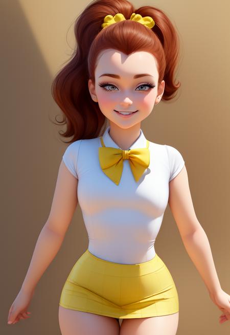 (masterpiece:1.4), (best quality:1.4), (high resolution:1.4), cartoon style, LuanLoud <lora:LuanLoud:1>, smile, brown hair, pale skin, cowboy shot, white shirt, yellow mini skirt, looking at viewer, detailed face, detailed eyes, small breasts, curvy, ribbon, ponytail, buckteet, artstation female body, from the front, dynamic pose, solo, 1girl, <lora:add_detail:0.7>