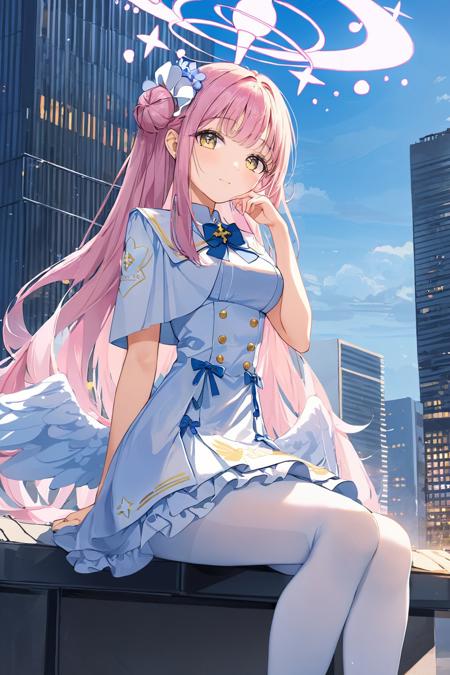 masterpiece, best quality, mika \(blue archive\), 1girl, blue archive, angel wings, white pantyhose, underbust, breasts, halo, pink hair, yellow eyes, sitting, modern city, sky scrapper, scenery, hair ornament, hair flower <lora:mika:0.8>