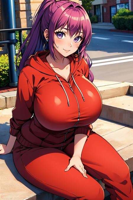 masterpiece, best quality, kukuru, earrings, red hoodie, sweatpants, looking at viewer, slight smile, city street, sitting, huge breasts, stairs <lora:kukuru-nvwls-v1-000010:0.9>