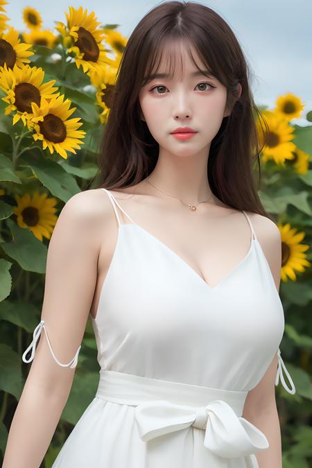 (mature body), (upper body:1.5), nikon RAW photo,8 k, Fujifilm XT3,masterpiece, best quality, realistic, photorealistic, ultra detailed, extremely detailed face, solo,1girl, standing, fashionable and trendy atmosphere, and a stylish expression on her face, close up, (narrow waist), white dress on field of sun flowers,